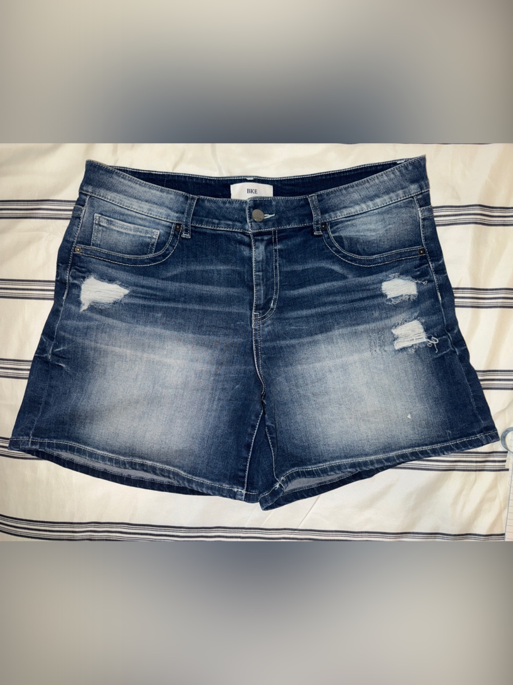 BKE Women's Faded Dark Blue Distressed Denim Shorts